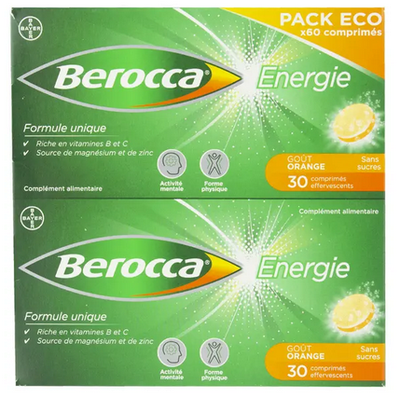 BEROCCA SANS SUCRE, comprimé effervescent édulcoré à l'aspartam et à l'acésulfame de potassium, boîte de 4 tubes de 15